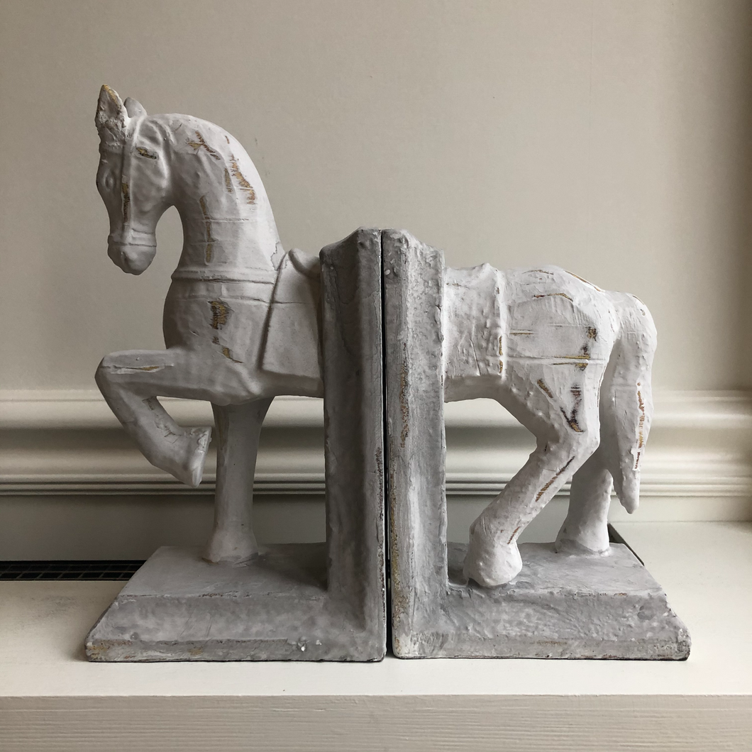 Gorgeous White Wash Wooden Horse Bookends