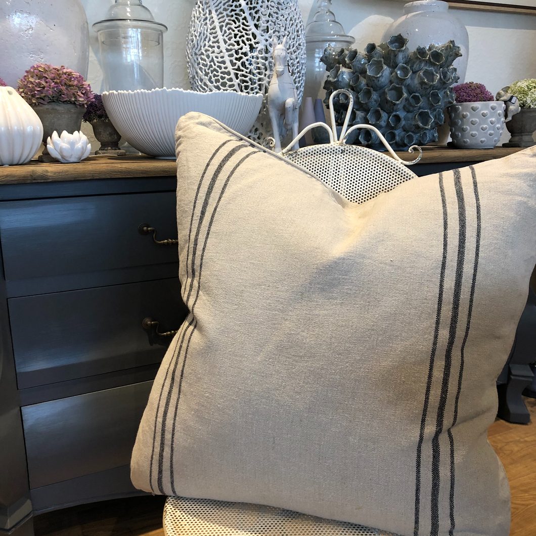 Stunning Natural Linen Cushion - With Grey Stripe